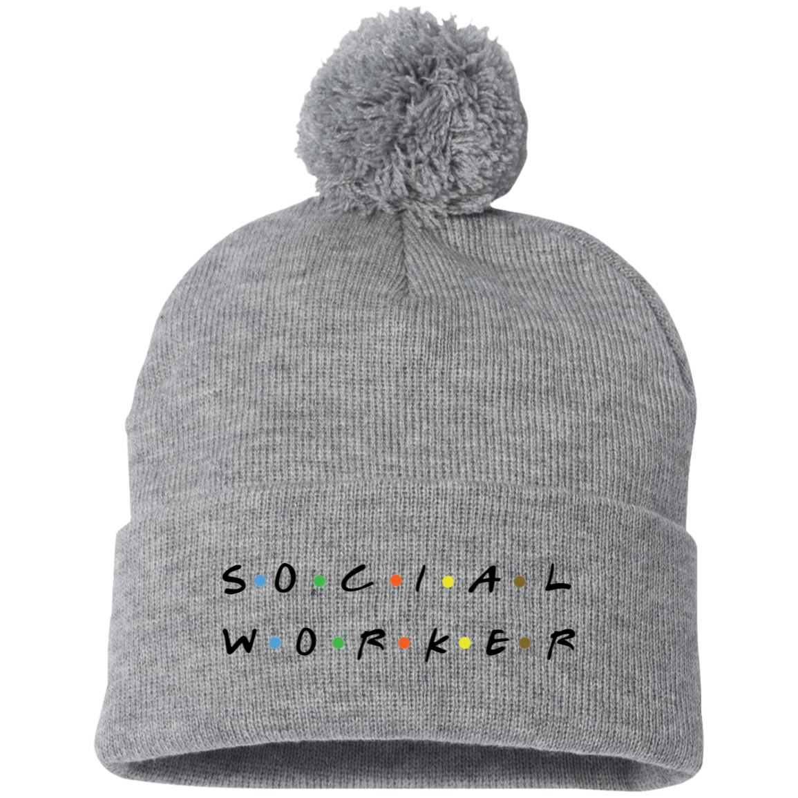 Social Work Embroidered Pom Pom Knit Cap